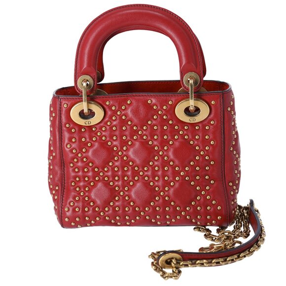 Christian Dior Lady Dior Mini Bag Handbag Red Gold Leather Studded - Picture 5 of 10